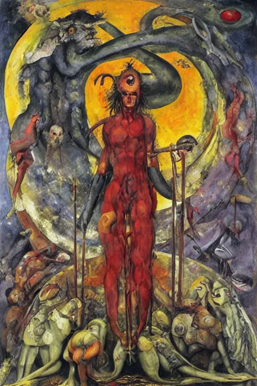 Image similar to surreal the temptation of st anthony, in a post apocalyptic hellscape, esoteric symbolism, intense emotional power, red yellow black, palette knife oil painting by peter booth, josh kirby and william blake