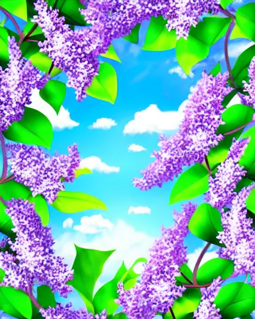 Prompt: lilac flowers, lilac blooms, spring, blue sky, may bug, white clouds, romanticism, the art style and print