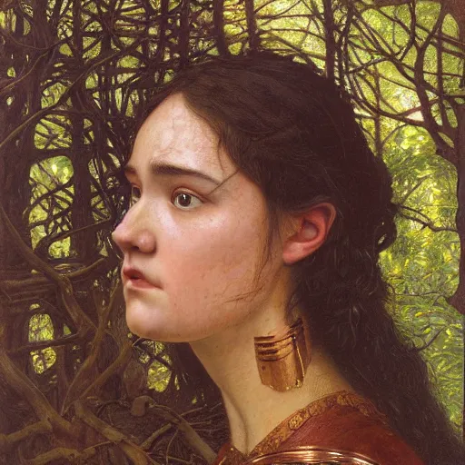 Prompt: a detailed, beautiful portrait oil painting of someone who looks a 1 8 - year old keisha castle hughes and gemma ward, with a hurt expression, wearing intricate, etched copper armor in an ancient forest, by donato giancola, john williams waterhouse, and william adolphe bouguereau