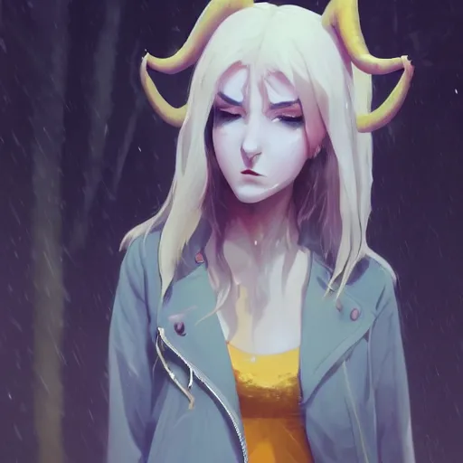 Prompt: a pale demoness with yellow eyes and horns wearing a jacket, highly detailed, digital painting, artstation, matte, by makoto shinkai, animation style