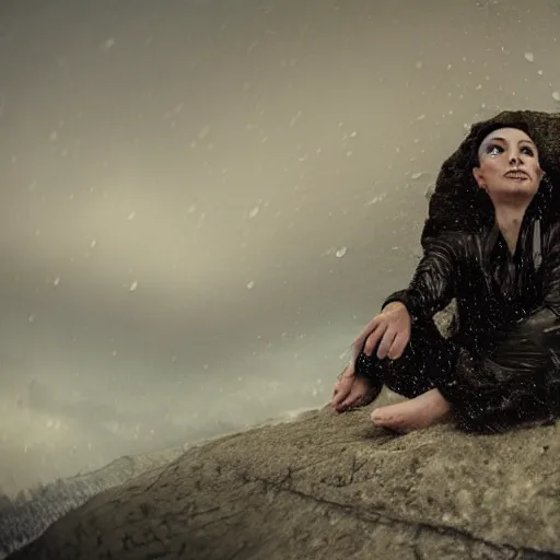 Image similar to Woman sitting under a ginormous rock overhead, partially cupping her hands, gesturing it outward!!!!! to the camera!!!!!, in a rainy environment, fisheye!!!!! lens!!!!!, rainy and wet atmosphere, closeup, dark and grim lighting, trending on artstation, 4k, 8k