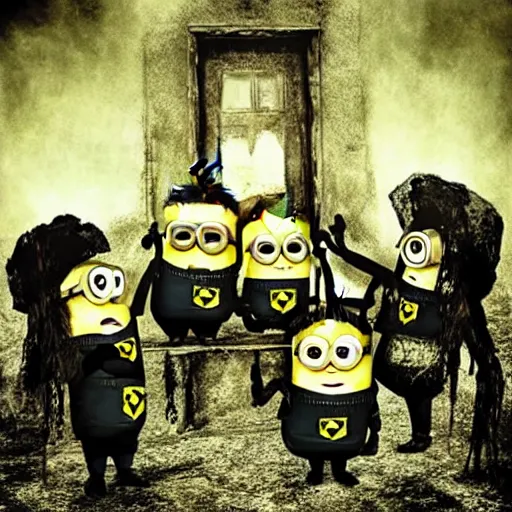 Prompt: darkthrone album cover with minions