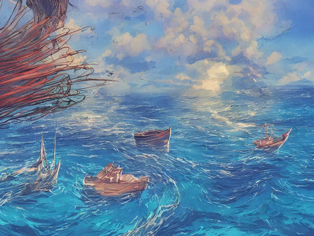 Prompt: sharp focus, breath taking beautiful, Aesthetically pleasing, gouache sea and boats, digital concept art background by Hayao Miyazaki and Studio Ghibli, fine art, official media, high definition, illustration, ambient lighting, HDR, HD, UHD, 4K, 8K, cinematic, high quality scan, award winning, trending, featured, masterful, dynamic, energetic, lively, elegant, intricate, complex, highly detailed, Richly textured, Rich vivid Color, masterpiece.