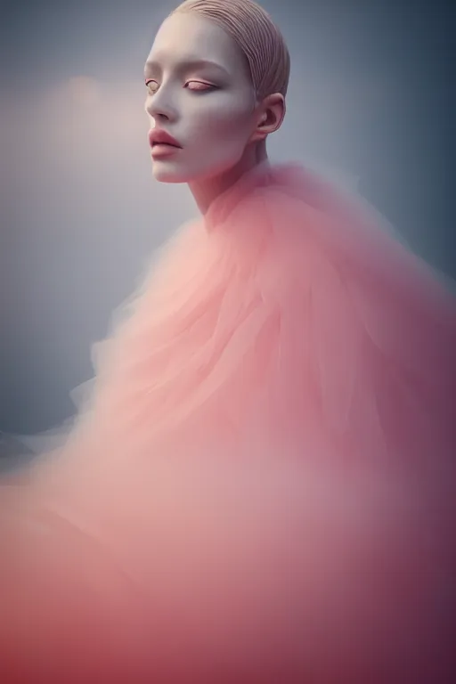 Prompt: a model wearing haute couture from christian dior, macro photography, long exposure photograph, surrealism, anamorphic bokeh, cozy, soft light, pink orange and silver, caustic, atmospheric fog, octane render, cinematic