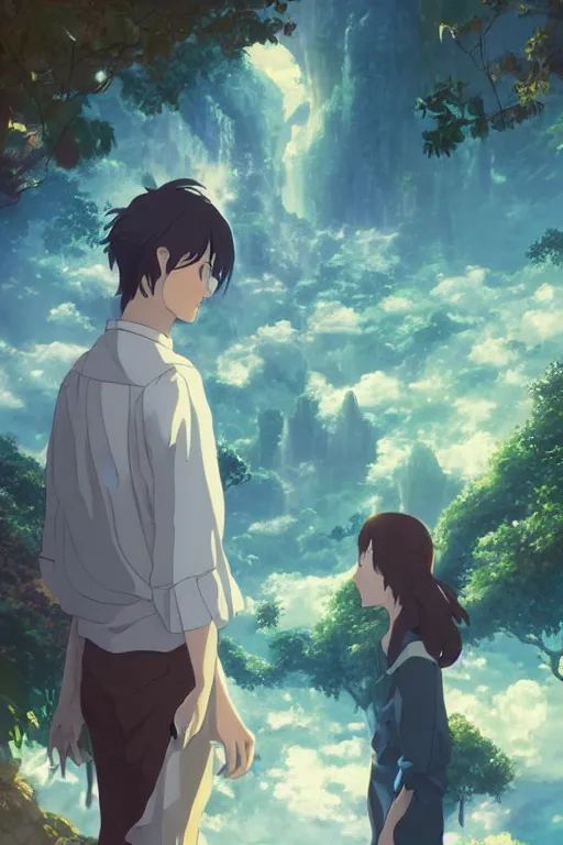 Image similar to fantasy romance movie poster by makoto shinkai, visually stunning, beautiful lighting