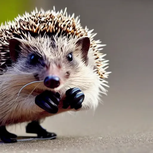 Prompt: a photo of a hedgehog riding a bicycle and wearing a top hat