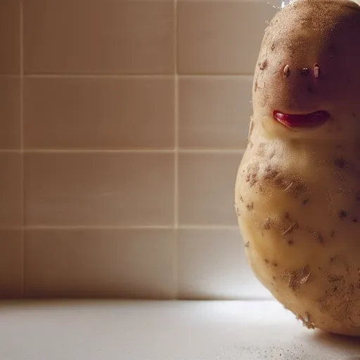 Prompt: A photo of a potato taking a shower.