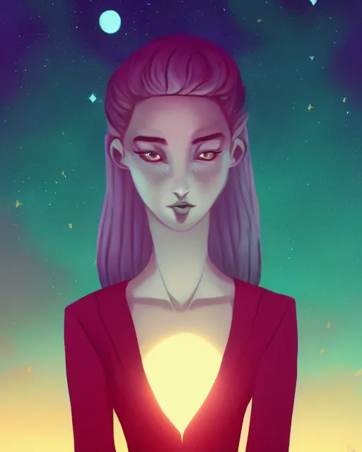 Image similar to kipo standing under the stars with an arm raised to the night sky, in professional makeup, dramatic lighting, by lois van baarle, 4 k, trending on artstation