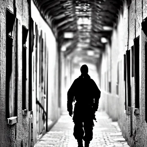 Prompt: soldier walking through london alley, gloomy mood, early dawn, sharp picture, cinematic, hyper realistic, symmetrical, 4 k, highly ornate intricate details,