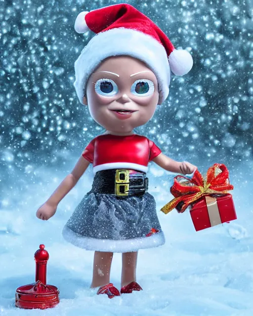 Image similar to highly detailed closeup, portrait of a tin toy santa greta thunberg wearing a bikini, depth of field, fashion photoshoot by nicoletta ceccoli, mark ryden, lostfish, dan decarlo, bob clampett, max fleischer, breathtaking, detailed and intricate snowenvironment, 8 k resolution, hyperrealistic, octane render