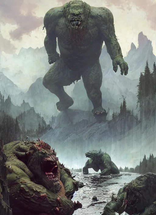 Prompt: huge hulking brute swamp demon king like martyn ford and rich piana standing by river canadian rockies midday by sergey kolesov and lawrence alma tadema and norman rockwell and greg staples and craig mullins and john berkey and ruan jia, artstation creature art