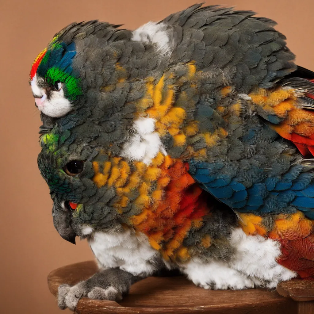 Image similar to a photo of a cat parrot hybrid, sitting on a table, 4k, highly detailed, award winning photo