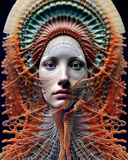 Image similar to hyperrealistic detailed face side portrait of the beautiful goddess of the fish skeletons with an intricate headgear of corals, sea kelp, sea plants, fish, starfish, jellyfish, art by ernst haeckel, john william godward, android jones, alphonso mucha, h. r. giger, gothic - cyberpunk, ornamental, beautiful deep colours,