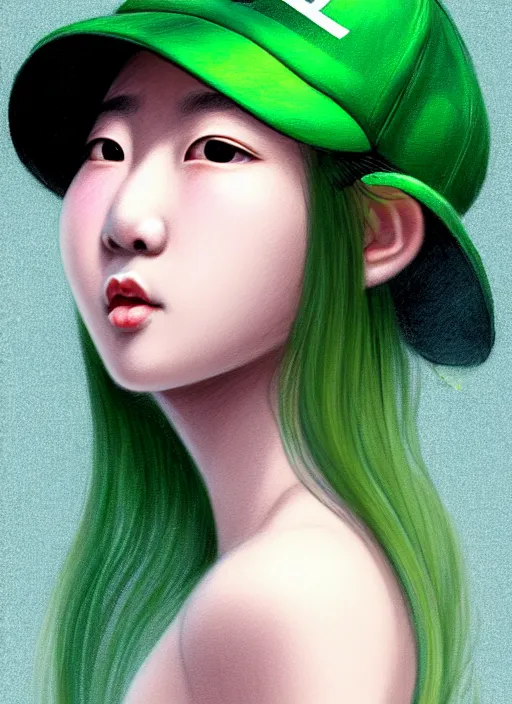 Prompt: portrait of a chinese girl with matte green hair, pixie long straight hair, wearing a light green hat, baseball cap, sophisticated, elegant, glowing lights, highly detailed, digital painting, art stand, concept art, smooth, clear focus, illustration, artwork by wlop, mars ravelo and greg rutkowski