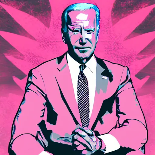 Prompt: joe biden sitting on a dark throne with red glowing eyes in vaporwave style by mad dog jones