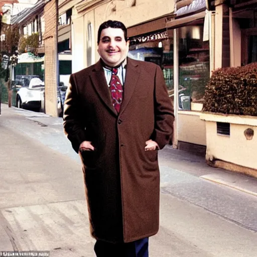 Prompt: full length shot : : clean - shaven smiling white chubby italian american man in his 4 0 s wearing a long brown overcoat and necktie and black shoes shoes shoes holding a burger burger burger, 2 0 0 6 advertising promo shot