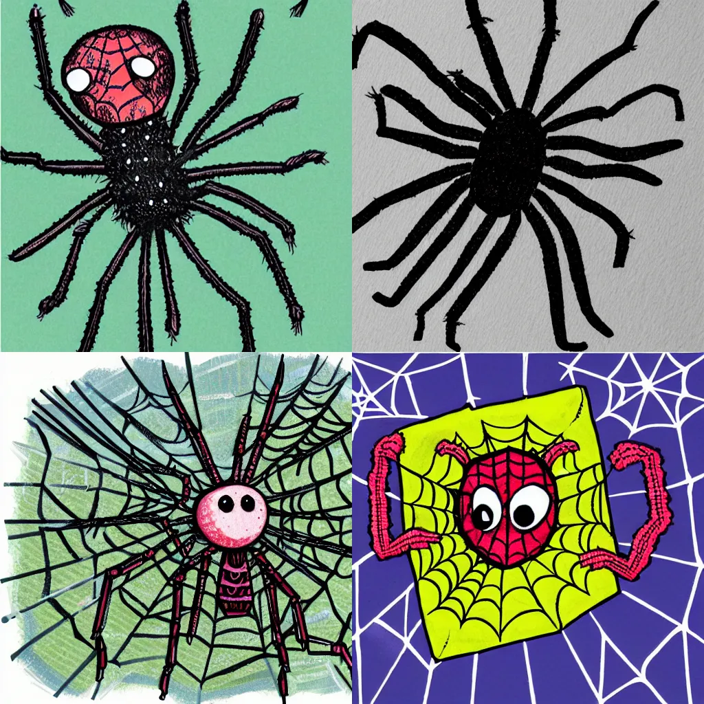 Prompt: an illustration of a spider knitting in the style of axel scheffler