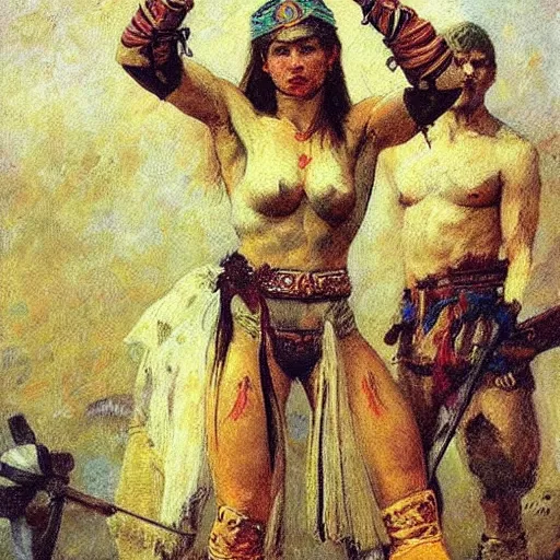 Image similar to muscular warrior women, reply of the zaporozhian cossacks, warrior women, art by ilya repin