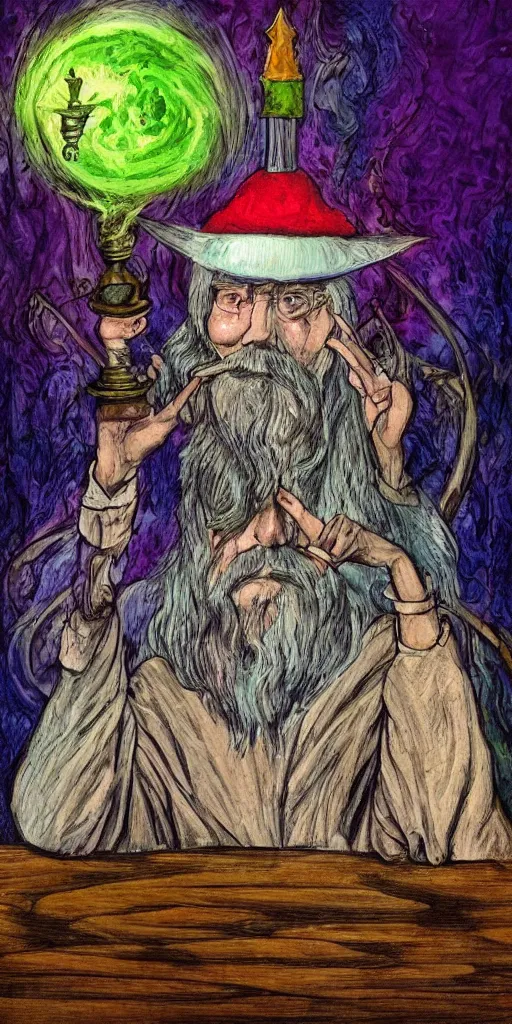 Prompt: a mystical man with a goblet on the table, wizard hat, psychedelic