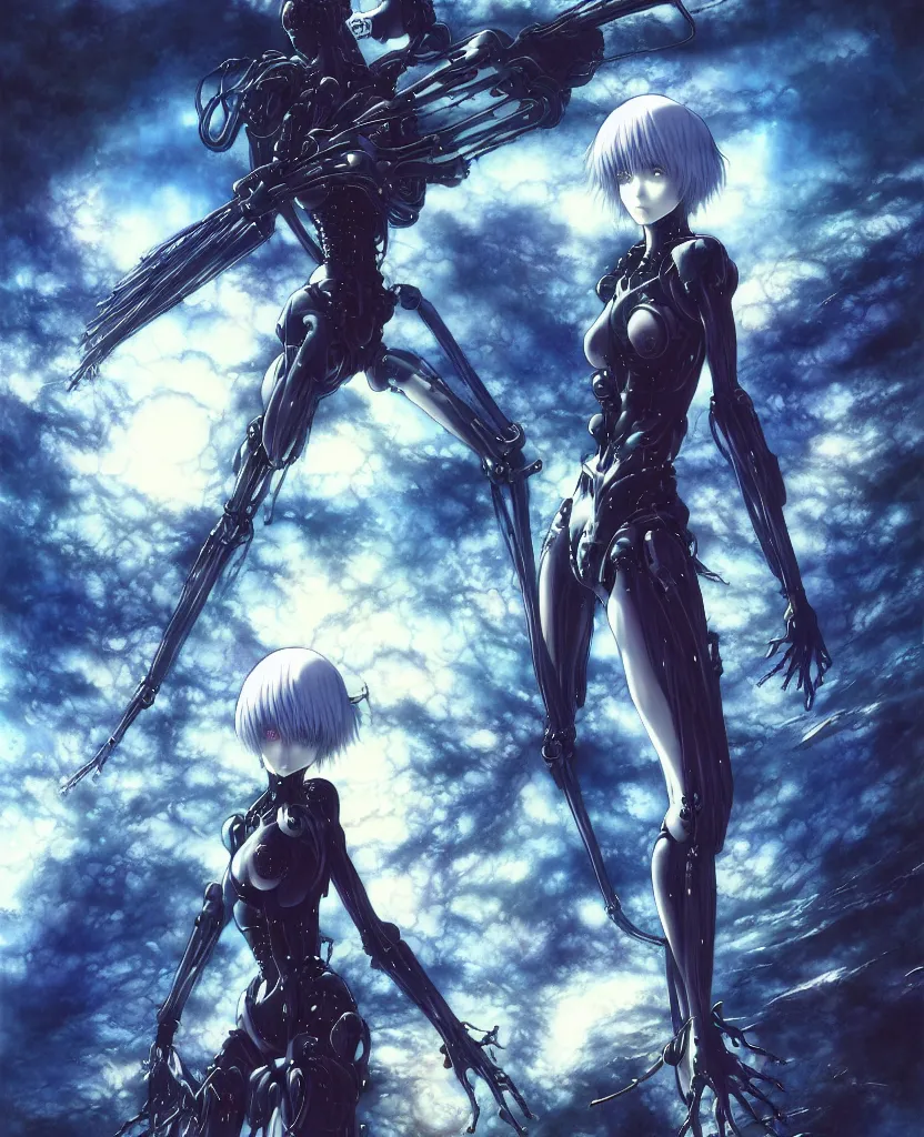 Image similar to realistic digital illustration of fantasy science fiction landscape, rei ayanami, depth perception, depth of field, high resolution, action horror, gothic, rich deep colors. by yoshitaka amano, by yukito kishiro, by yoshiyuki sadamoto, masterpiece