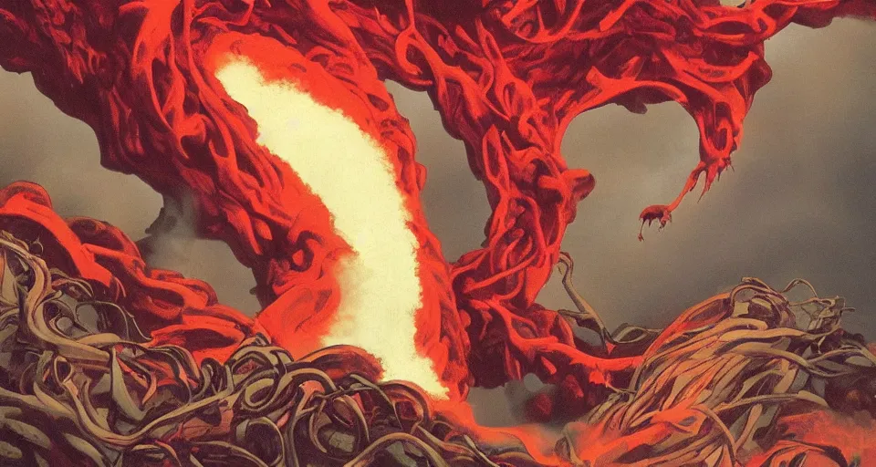 Prompt: a volcano made of ivory vines and crimson rocks enters in eruption, it spits a smoke in the shape of demonic eye, by don bluth