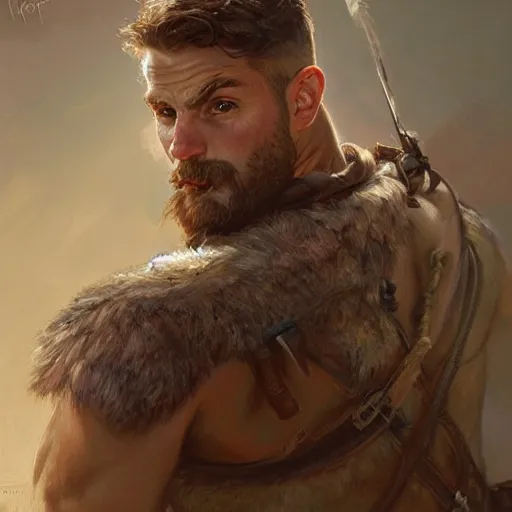 Image similar to portrait of a young rugged ranger, muscular, upper body, hairy torso, D&D, fantasy, intricate, cinematic lighting, highly detailed, digital painting, artstation, concept art, smooth, sharp focus, illustration, art by Artgerm and Greg Rutkowski and Alphonse Mucha