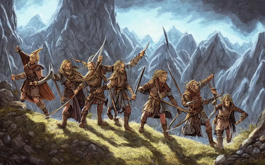 Image similar to DnD party adventuring across vast rugged mountain range, LOTR fantasy illustration