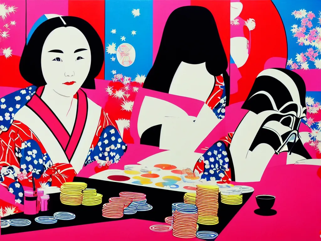 Image similar to hyperrealistic composition of the woman in a japanese kimono sitting at a poker table with darth vader, fireworks, mount fuji on the background, pop - art style, jacky tsai style, andy warhol style, acrylic on canvas