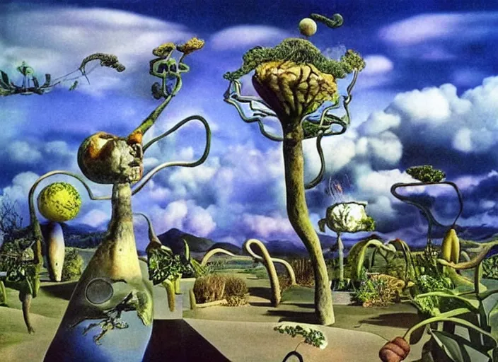 Image similar to surreal garden by dali, surreal plants by dali, surreal sky by dali, hypresurreal