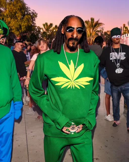 Image similar to snoop Dogg dressed as a green Superman with a marijuana logo, Long Beach background, sunset