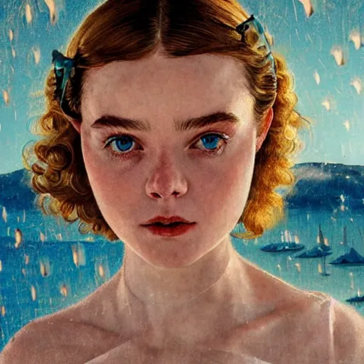 Image similar to Elle Fanning in Santorini at night, head and shoulders portrait, stormy weather, extremely detailed masterpiece, Roger Deakin’s cinematography, illustration, by Norman Rockwell,