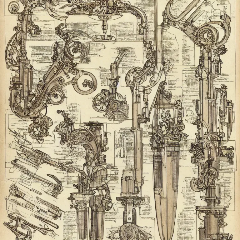 Image similar to detailed, intricate technical drawings on parchment from 1 8 4 0, with labels and notes, for a beautiful, symmetric, art deco robotic arm holding a paintbrush, a pencil, and scissors, by ron cobb and alphonse mucha