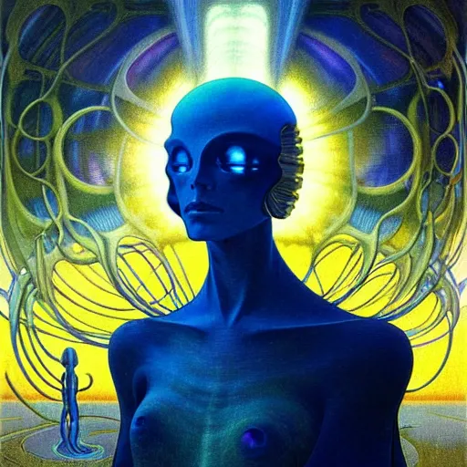 Image similar to realistic extremely detailed portrait painting of a glowing silhouette, futuristic sci-fi landscape on background by Jean Delville, Amano, Yves Tanguy, Alphonse Mucha, Ernst Haeckel, Edward Robert Hughes, Roger Dean, rich moody colours, blue eyes