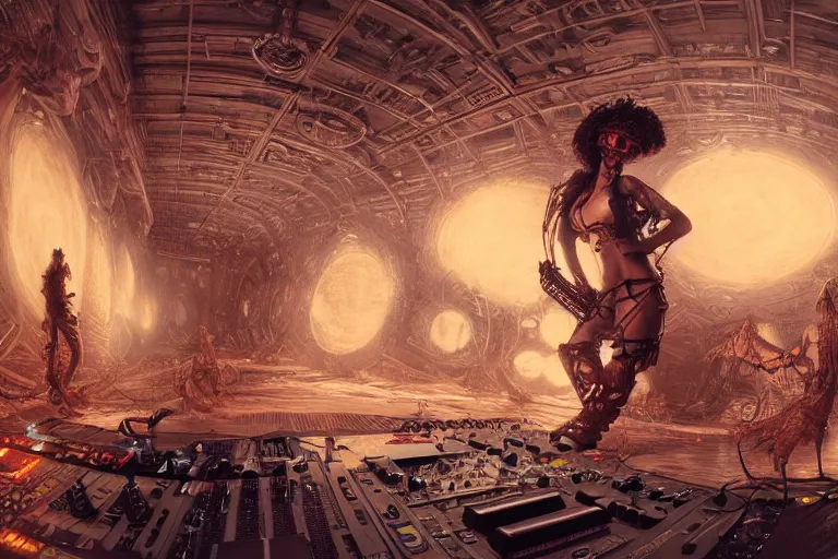 Image similar to a fisheye lens photo of a post apocalyptic tribal cyborg dj goddess tweaking and playing synthesizers in the most complicated and technical spiral fractal musical studio, powerful, cinematic, beautifully lit, by donato giancola, by artgerm, by karol bak, 3 d, perfect face and body, trending on artstation, octane render, 8 k