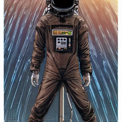 Prompt: cyberpunk japanese man with long limbs and a black spacesuit on a spacewalk, techwear, Industrial Scifi, detailed illustration, character portrait, by Martin Grip and Moebius