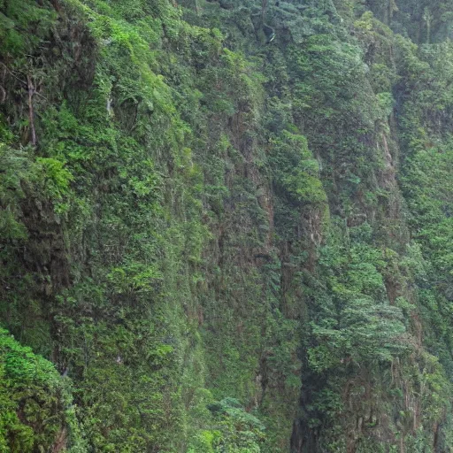 Prompt: rainforest sheer cliff. sparse vegetation. brown in nook below.