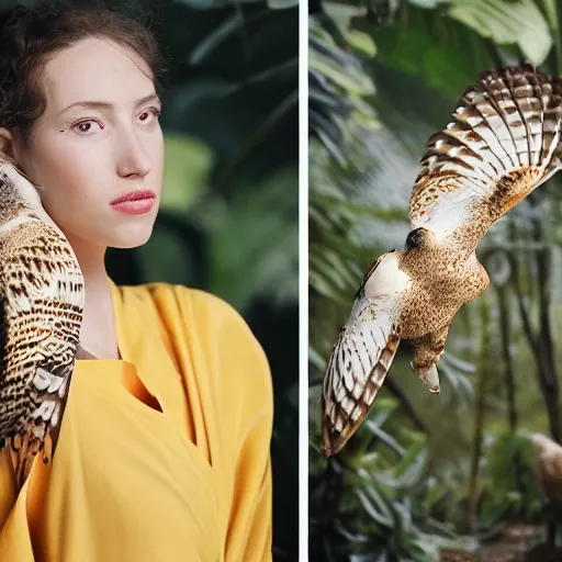 Image similar to head to shoulder portrait film photograph of an elegant top model wearing a yellow kimono with a very detailed barn owl on her shoulder!!! in a tropical greenhouse. looking at the camera!!. super resolution. 85 mm f1.8 lens.bokeh. graflex. by Alessio albi ! -