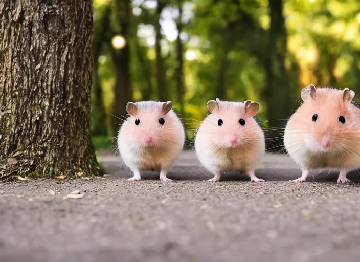 Image similar to photo of a hamsters walking in a park, cinematic color grading, various poses, soft light, faded colors, well framed, sharp focus, 8 k