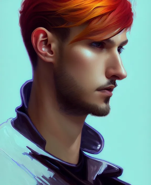 Image similar to a whirlwind inside the metaverse, guy, male, man, machine face, fashionable haircut, piercing, half body, neurochip, android, cyberpunk face, by loish, d & d, fantasy, intricate, elegant, highly detailed, colorful, digital painting, artstation, concept art, art by artgerm and greg rutkowski and alphonse mucha