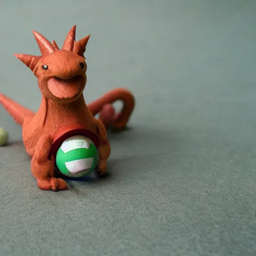 Image similar to an adorable simple ball jointed doll dragon toy lovingly crafter by hand from wood on a toy workbench, worms eye view, macro camera lens, cinematic, focus