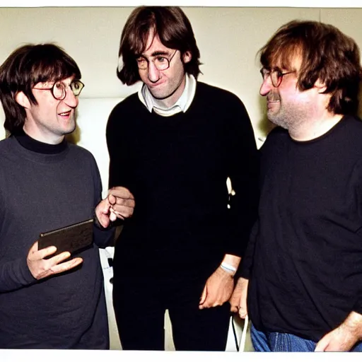 Image similar to steve jobs, harry potter, john lennon, and gabe newell meeting each other, photograph