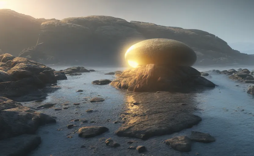 Image similar to giant glowing ufo, directed by charlie kaufman ( 2 0 0 1 ) anamorphic lenses, a rocky shore in the foreground, foggy volumetric light morning, a beam of light from the heavens, cinematic trending on artstation in the style of greg rutkowski