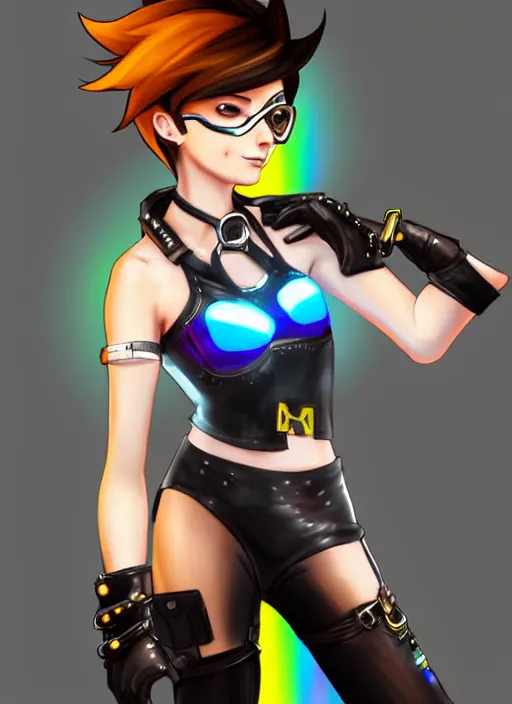 Image similar to full body digital artwork of tracer overwatch, wearing black iridescent rainbow latex tank top, 4 k, expressive happy smug expression, makeup, in style of mark arian, wearing detailed black leather collar, wearing chains, black leather harness, leather cuffs around wrists, detailed face and eyes,