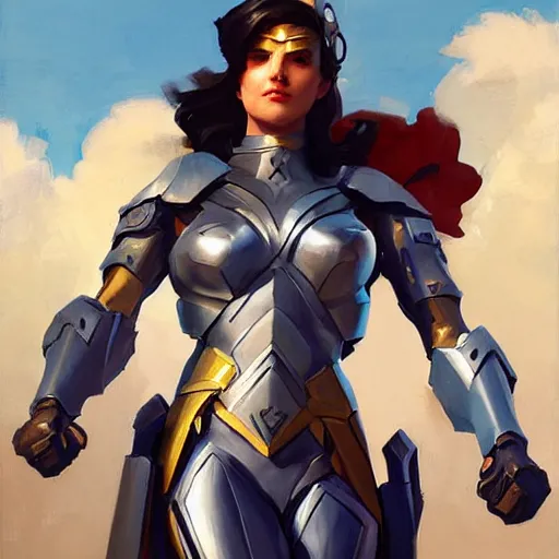 Image similar to greg manchess portrait painting of armored light wonderwoman as overwatch character, medium shot, asymmetrical, profile picture, organic painting, sunny day, matte painting, bold shapes, hard edges, street art, trending on artstation, by huang guangjian and gil elvgren and sachin teng