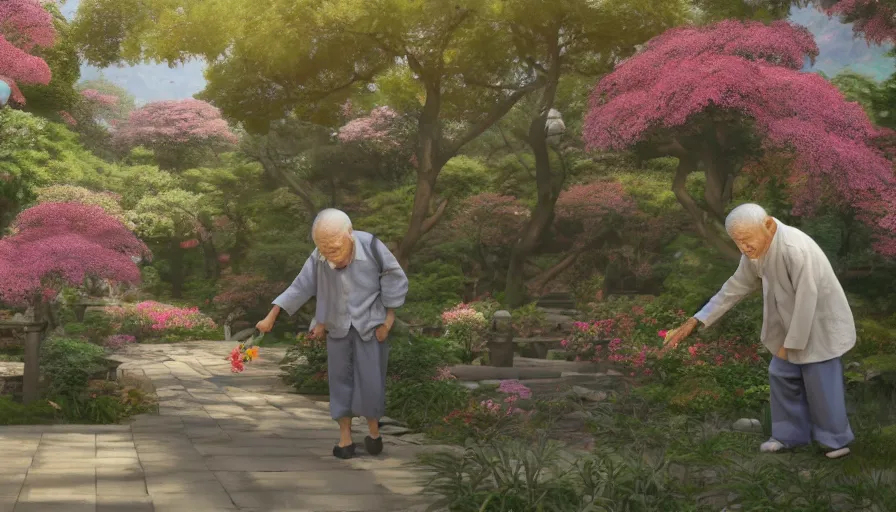 Prompt: old japanese man giving flowers to his wife, japanese flowery garden in the village, sunny day, drawing, hyperdetailed, artstation, cgsociety, 8 k