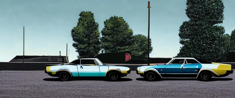 Image similar to black audi camaro b 1 ( 1 9 6 7 ) with stripes, establishing shot, by simon stalenhag