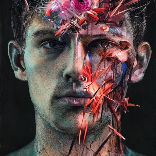 Image similar to art portrait of a man with flowers exploding out of head, cameras, decaying ,8k,by tristan eaton,Stanley Artgermm,Tom Bagshaw,Greg Rutkowski,Carne Griffiths, Ayami Kojima, Beksinski, Giger,trending on DeviantArt,face enhance,hyper detailed,minimalist,cybernetic, android, blade runner,full of colour,