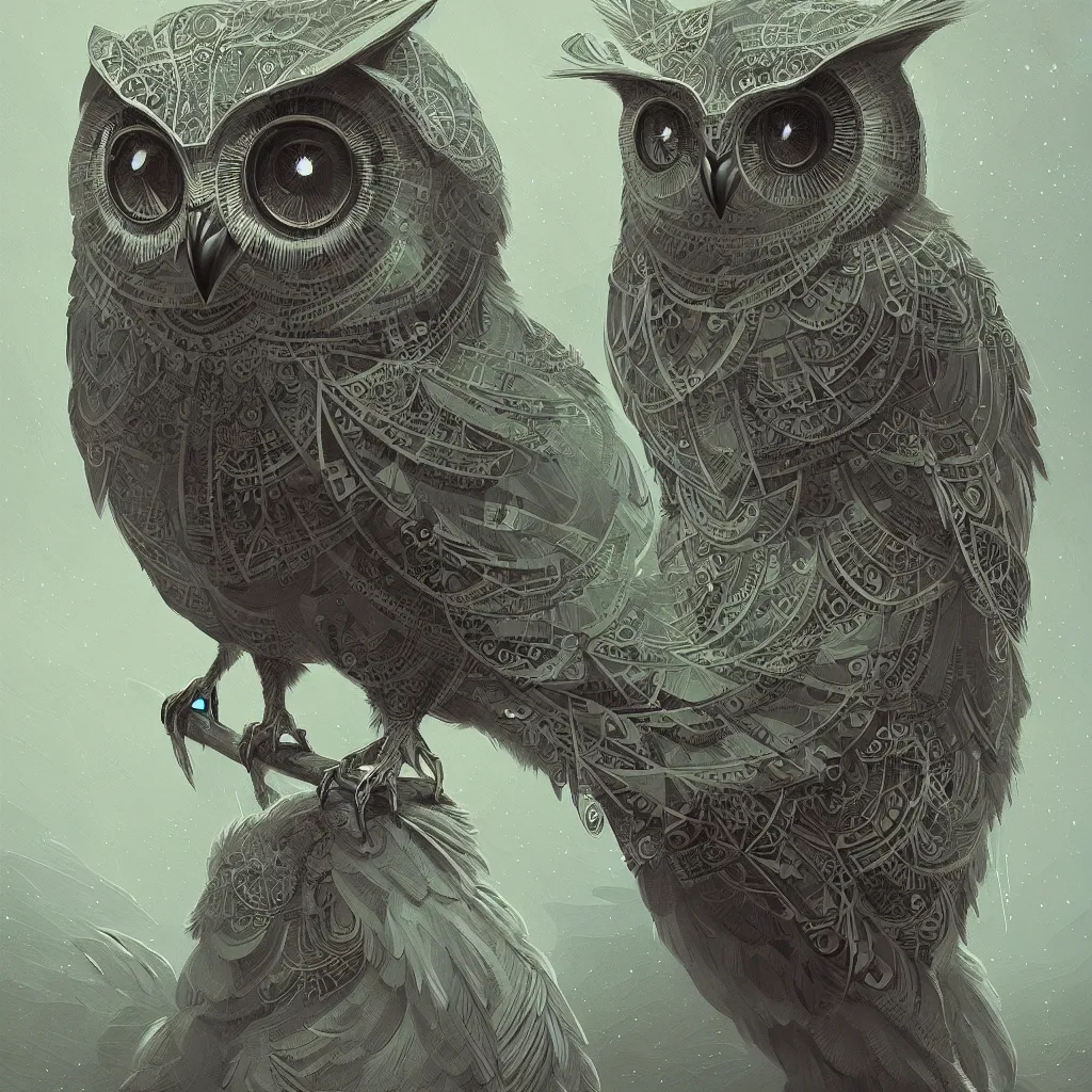 Image similar to portrait of a geometric owl, identical eyes, medium shot, illustration, full body made of white feathers, symmetrical, art stand, super detailed, cinematic lighting, and its detailed and intricate, gorgeous, by peter mohrbacher