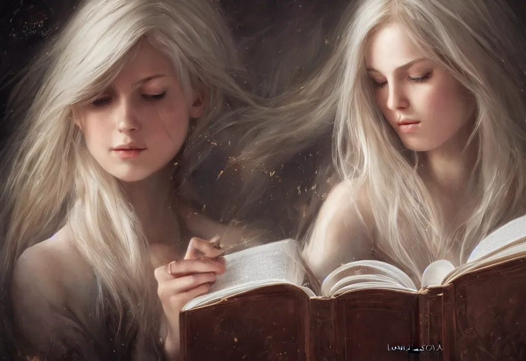 Prompt: a girl reading a book, hair flowing down, 8 k, hyperrealistic, hyperdetailed, fantasy portrait by laura sava, singular woman