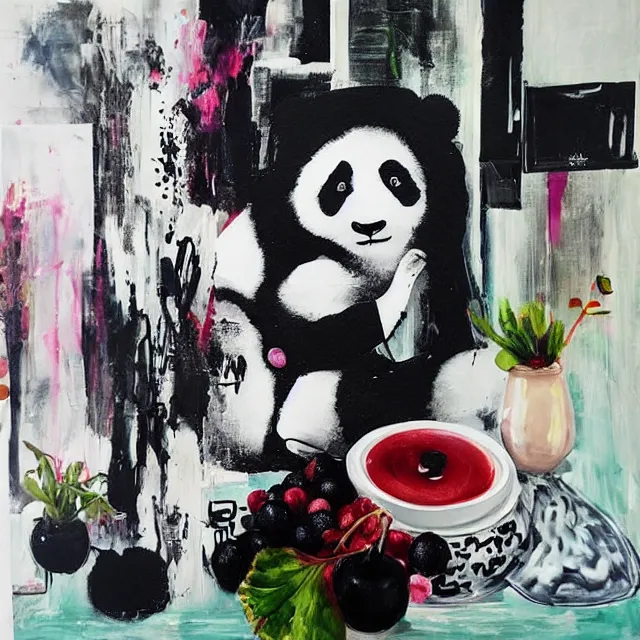 Image similar to “ a portrait in a female art student ’ s apartment, sensual, a panda theme, art supplies, paint tubes, ikebana, herbs, a candle dripping white wax, black walls, squashed berries, berry juice drips, acrylic and spray paint and oilstick on canvas, surrealism, neoexpressionism ”